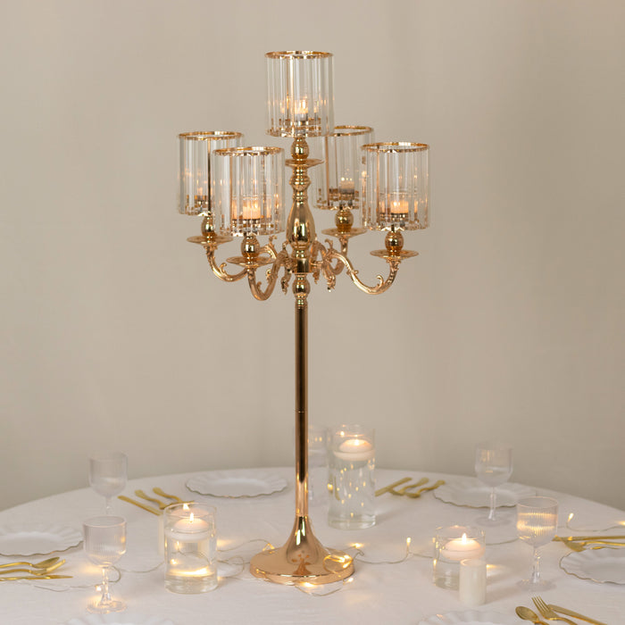 Gold Metal 5-Arm Candelabra with Crystal Pendant Glass Shades – 40" Tall Candle Holder for Pillar, LED, and Flameless Candles