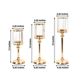 Set of 3 Gold Crystal Pendant Hurricane Candle Holders, Elegant Cylindrical Design