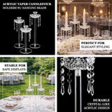 Elegant acrylic taper candlestick holders with hanging beads for stylish decor.