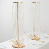Elegant crystal bead table lamps with gold accents on a dining table.