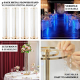 4-pack metal flower stand with hanging crystal beads, 32 inches tall.