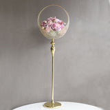 Gold Crystal Beaded Metal Flower Stand in Half Moon Basket Design, 4.5ft Tall Candle Holder