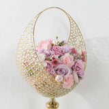 Gold Crystal Beaded Metal Flower Stand in Half Moon Basket Design, 4.5ft Tall Candle Holder