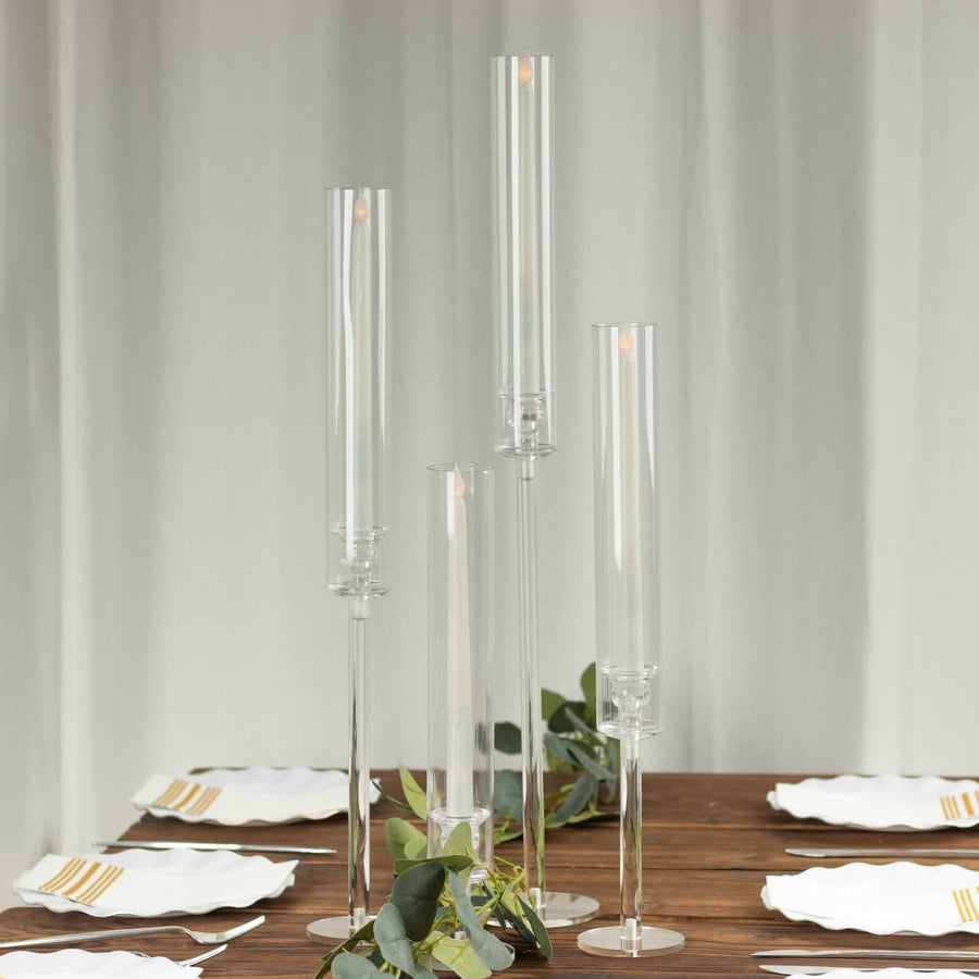 Set of 4 Clear Acrylic Hurricane Candle Stands, Taper Candlestick Holders With Tall Chimney Tube