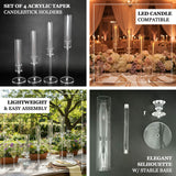 Set of 4 acrylic taper candlestick holders, lightweight and easy assembly.