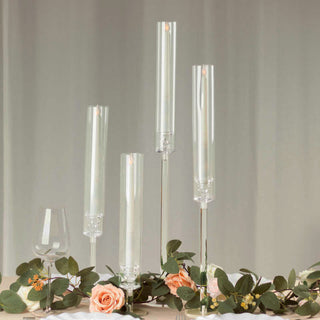 Versatile Decor at Your Fingertips - Set of 4 Clear Acrylic Taper Candlestick Holders with Elegant Chimney Shades