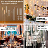 Set of 4 tall crystal glass candlestick holders for weddings and events.