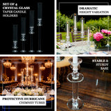 Set of 4 crystal glass taper candle holders with various height variations.