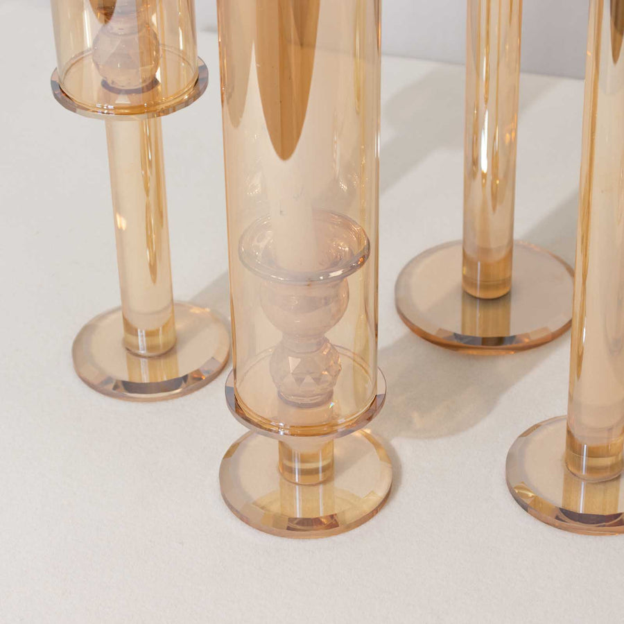 Set of 4 Gold Crystal Glass Hurricane Taper Candle Holders With Tall Cylinder Chimney Tubes