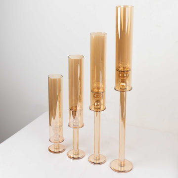 Set of 4 Gold Crystal Glass Hurricane Taper Candle Holders With Tall Cylinder Chimney Tubes - 14", 18", 22", 26"