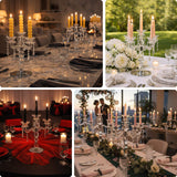 Elegant crystal candelabras with candles set for various dining occasions.