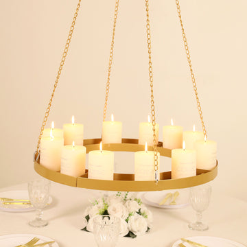 Gold Hanging Metal Floral Chandelier Frame - 24" Circular Lighting, Candle and Floral Display Base