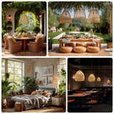 Boho Rattan Dome Pendant Shades – 3 Pack Natural Woven Ceiling Lamp Covers