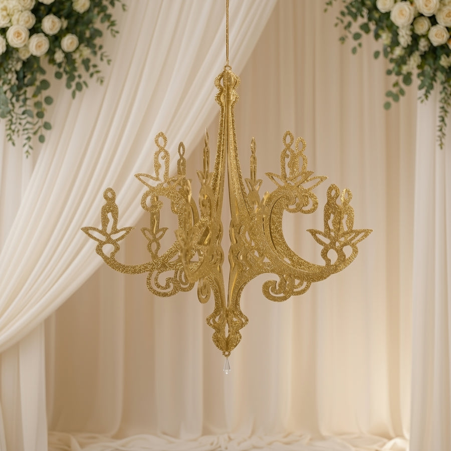 24inch Gold Glittered Acrylic Chandelier Hanging Decor, 3D Interlocking Cutout Design