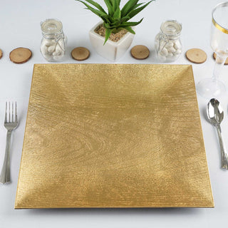 Add Elegance to Your Table with 12" Gold Square Embossed Wood Grain Acrylic Charger Plates