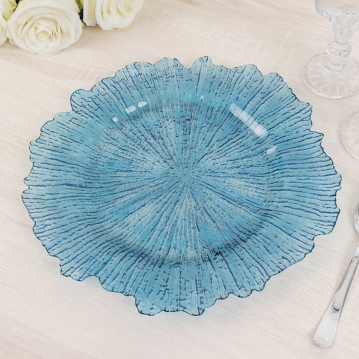 6 Pack Transparent Dusty Blue Round Reef Acrylic Plastic Charger Plates, Dinner Charger Plates