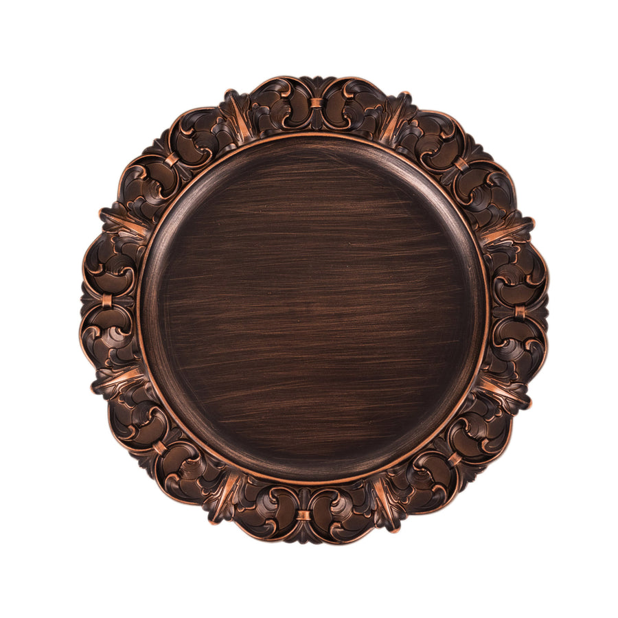6 Pack Dark Brown Retro Baroque Acrylic Charger Plates With Ornate Embossed Rim Round Aristocrat#whtbkgd