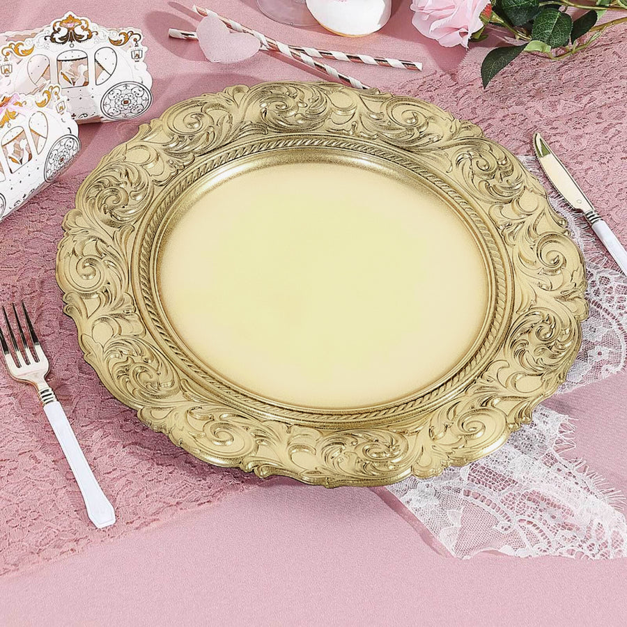 14inch Metallic Gold Vintage Plastic Charger Plates Engraved Baroque Rim, Disposable Serving Trays