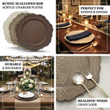 Rustic acrylic charger plates with scalloped rim for elegant dining events.