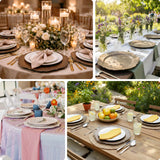 Elegant table settings for outdoor and indoor dining with floral arrangements and candles.