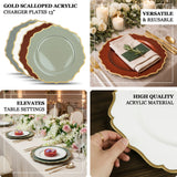 Gold scalloped acrylic charger plates, 13 inches, versatile and reusable.