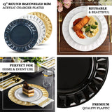 13" round bejeweled rim acrylic charger plates for home and event use.
