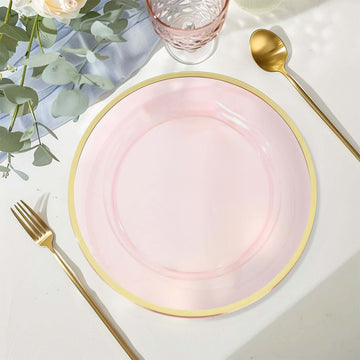 10 Pack Transparent Blush Economy Plastic Charger Plates With Gold Rim, 12" Round Dinner Chargers Event Tabletop Decor