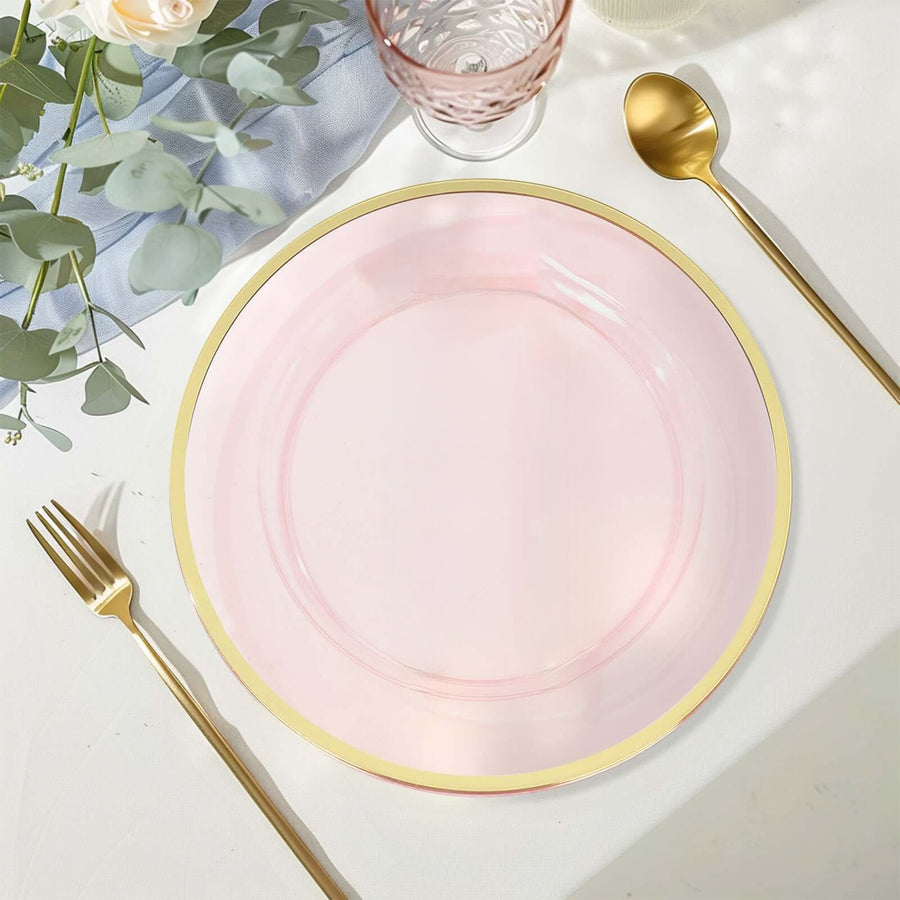 10 Pack Transparent Blush Economy Plastic Charger Plates With Gold Rim