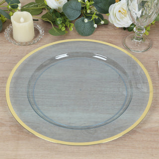 <span style="background-color:transparent;color:#000000;">Transparent Dusty Blue Charger Plates with Gold Rim for Stunning Table Settings</span>