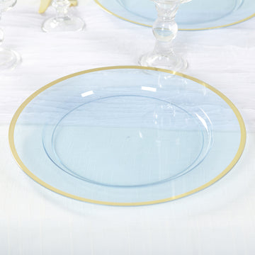 10-Pack Economy Plastic Round Charger Plates 12" in Transparent Dusty Blue with Wide Gold Rim, Decorative Dinner Party Serving Plates