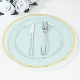 10 Pack Transparent Blue Economy Plastic Charger Plates With Gold Rim