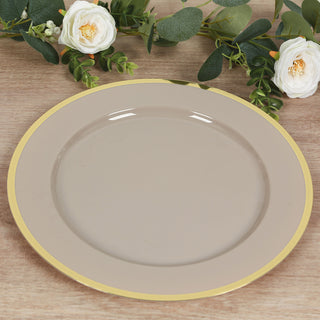 <span style="background-color:transparent;color:#000000;">Taupe Charger Plates with Gold Rim for Stunning Table Settings</span>