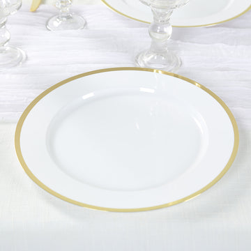 10-Pack Economy Plastic Round Charger Plates 12" in White with Wide Gold Rim, Decorative Dinner Party Serving Plates