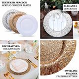Textured peacock acrylic charger plates in elegant designs for stylish dining.