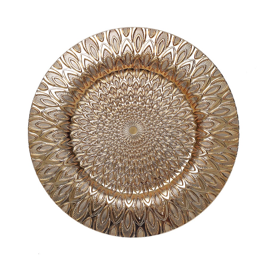 6 Pack | 13inch Gold Embossed Peacock Design Disposable Charger Plates, Round Serving Plates#whtbkgd