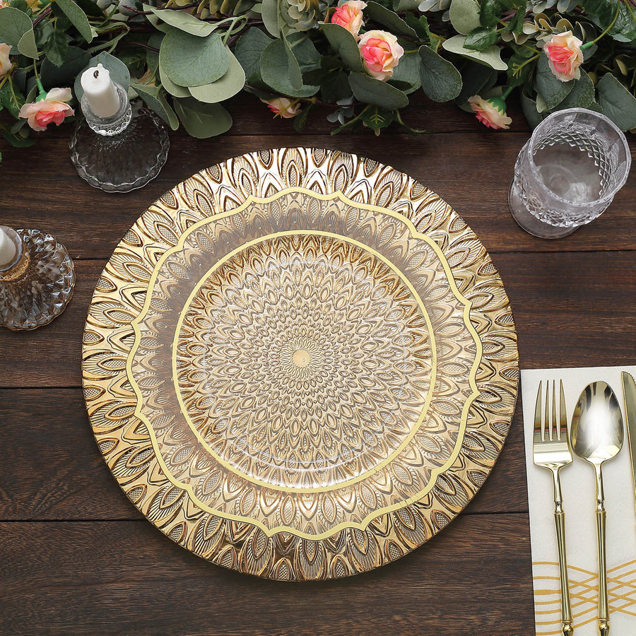 6 Pack | 13inch Gold Embossed Peacock Design Disposable Charger Plates, Round Serving Plates