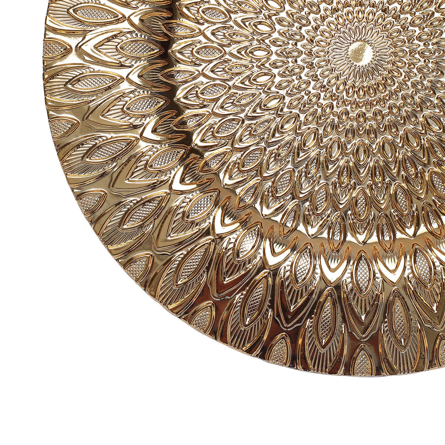6 Pack | 13inch Gold Embossed Peacock Design Disposable Charger Plates, Round Serving Plates