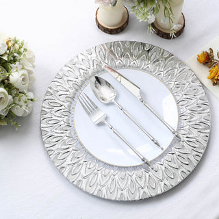 Convenient and Affordable Silver Embossed Peacock Design Charger Plates