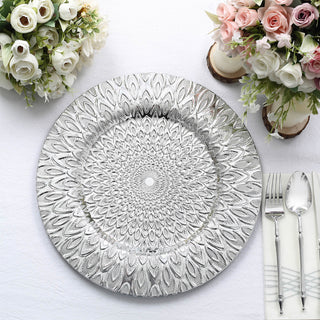 Elegant Silver Embossed Peacock Design Charger Plates