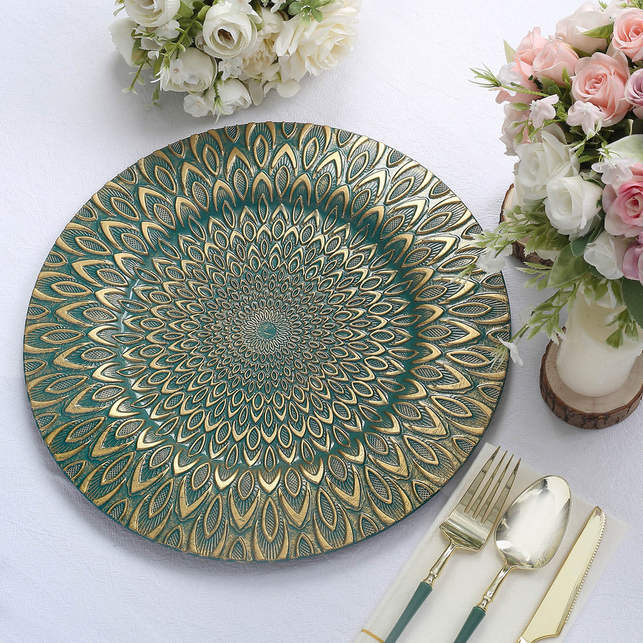 6 Pack | 13inch Teal / Gold Embossed Peacock Design Disposable Charger Plates
