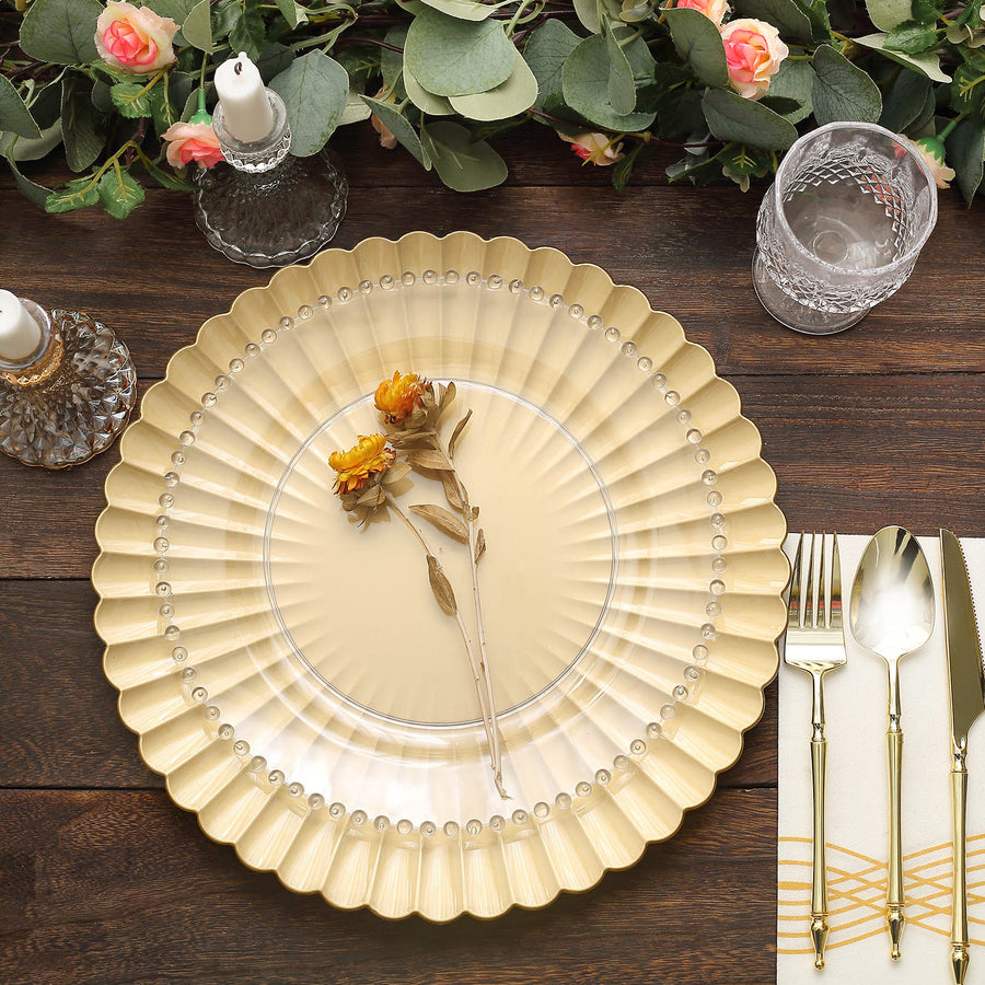 6 Pack | 13inch Gold Scalloped Shell Pattern Plastic Charger Plates