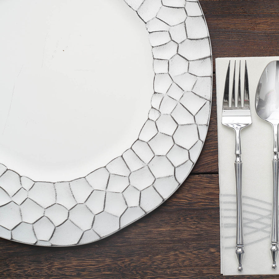 6 Pack Matte Finish White Hammered Charger Plates, Flat Modern Dinner Serving Plates - 13inch