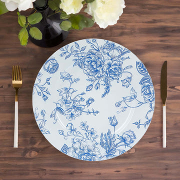 6 Pack White Blue French Toile Acrylic Charger Plates, 13" Round Dinner Charger Event Tabletop Decor