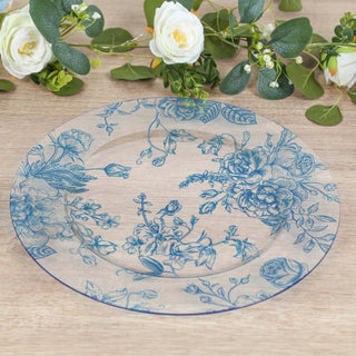 <h3 style="margin-left:0px;"><span style="background-color:transparent;color:#000000;">Elegant Clear Light Blue Floral French Toile Acrylic Charger Plates</span>