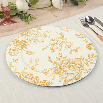 6-Pack Acrylic Round Charger Plates 13" in White with Gold Floral French Toile Pattern, Decorative Dinner Party Charger Tableware