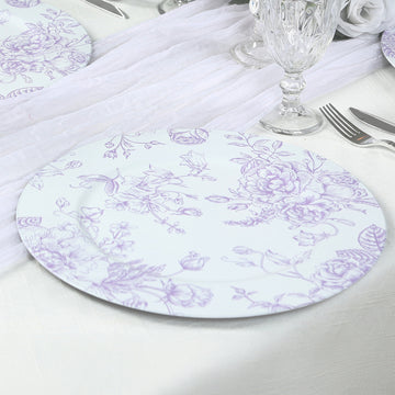 6 Pack Round Floral Acrylic Charger Plates in French Toile Pattern, 13" Matte Lavender and White Dinner Charger Event Tabletop Decor