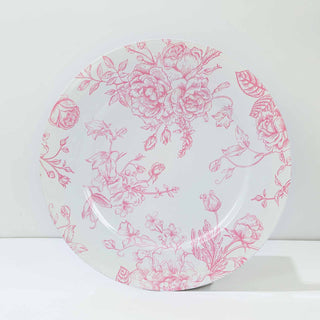 <strong>White Pink Floral Acrylic Charger Plates with Elegant French Toile Design</strong>