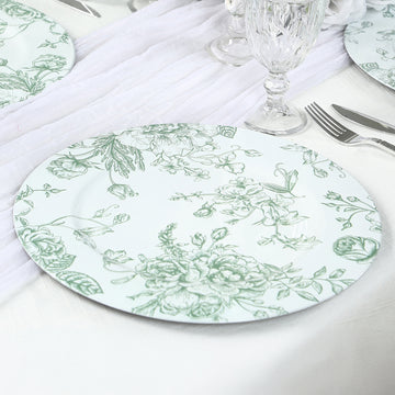 6 Pack Round Floral Acrylic Charger Plates in French Toile Pattern, 13" White Sage Green Dinner Charger Event Tabletop Decor