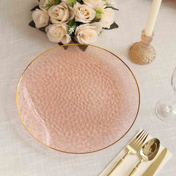 10 Pack Transparent Blush Hammered Economy Plastic Charger Plates With Gold Rim, 13" Round Dinner Chargers Event Tabletop Decor