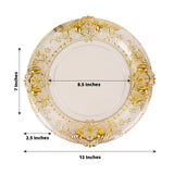 6 Pack Clear Decorative Charger Plates With Gold Florentine Style Embossed Rim 13inch Round Plastic